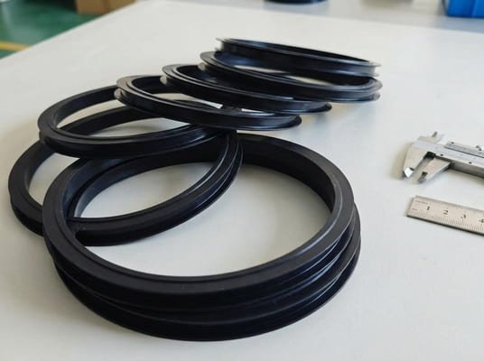 Custom EPDM spiral duct gaskets, black molded sealing rings stacked on workbench with caliper and ruler for RFQ sizing.