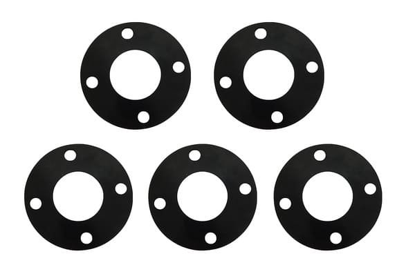 Custom EPDM flange gaskets for water sealing, five black round gaskets with bolt holes, displayed on white background.