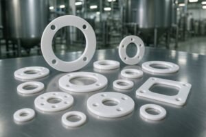 PTFE flange gaskets in various sizes displayed on stainless steel surface, white chemical-resistant seals used in industrial piping and food processing equipment.