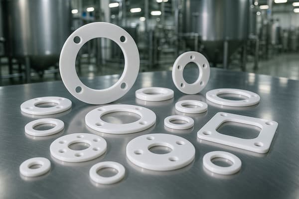 PTFE flange gaskets in various sizes displayed on stainless steel surface, white chemical-resistant seals used in industrial piping and food processing equipment.