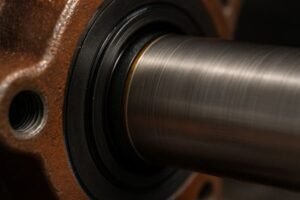 Dynamic shaft seal in rotary application, close-up of black elastomer lip seal mounted between rotating metal shaft and housing to prevent leakage.