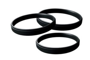 EPDM gaskets for condensing boiler flue, three black rubber sealing rings with inner lip structure, isolated on white background for HVAC exhaust system use.