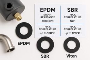 EPDM vs SBR steam gaskets, three black washers labeled EPDM, SBR, Viton with comparison chart showing temperature and steam resistance, on white surface near pipe fitting.