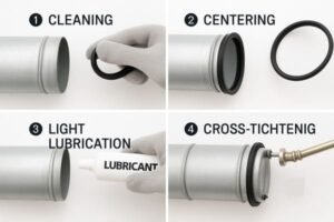 EPDM gasket installation guide for vent pipes, step-by-step process showing cleaning, centering, lubrication, and cross-tightening with tools.