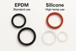 EPDM vs silicone gaskets, black rubber seals for standard use and red/white silicone gaskets for high-temperature applications, arranged on white background.