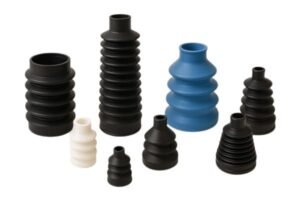 Rubber and silicone bellows, various sizes and colors, including black, blue, and white, displayed for EPDM, NBR, and silicone material comparison.