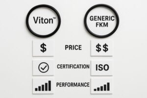 Viton vs generic FKM O-ring comparison, infographic showing price, certification, and performance differences for industrial sealing.