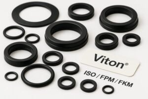 Viton rubber seals and FKM gaskets, assorted ISO/FPM/FKM fluoroelastomer parts in black for high-performance sealing applications.