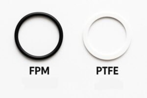 FPM vs PTFE gasket materials, black fluoroelastomer O-ring and white PTFE seal side by side on white background, illustrating chemical resistance comparison.