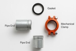 Grooved pipe coupling components, showing rubber gasket, mechanical clamp, and pipe ends arranged for assembly, used in HVAC and fire protection systems.