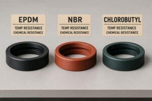 Grooved gasket material comparison, EPDM, NBR, and Chlorobutyl rubber seals displayed side-by-side with labels for temperature and chemical resistance.