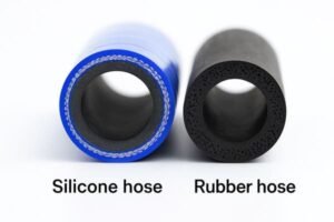 Silicone hose and rubber hose cross-section comparison, blue reinforced silicone vs black rubber, automotive high heat and standard hose types, labeled for clarity.