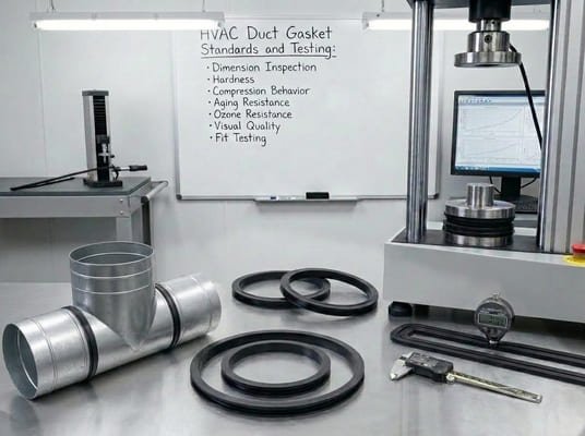 HVAC duct gasket testing, EPDM sealing rings checked with compression tester, caliper and galvanized duct fitting.