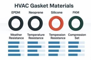 HVAC gasket materials comparison chart, showing EPDM, Neoprene, Silicone, and FKM O-rings with bar ratings for weather resistance, temperature resistance, and compression set.