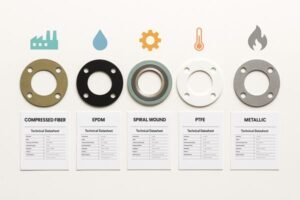 HVAC gasket types comparison, showing compressed fiber, EPDM, spiral wound, PTFE, and metallic flange gaskets with datasheets and icons for water, heat, and industrial use.