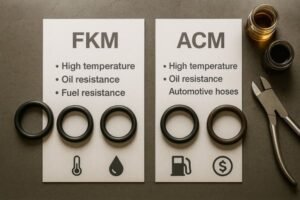 FKM vs ACM O-ring comparison chart, showing oil and heat resistance, with black and brown rubber seals used in automotive hoses and fuel systems.