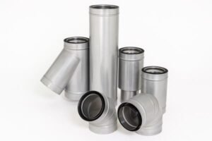 Polypropylene vent system gasket, stainless steel spiral duct fittings with integrated black EPDM sealing rings, various T-joint and elbow shapes arranged on white background, showing leak-proof HVAC connection solutions.