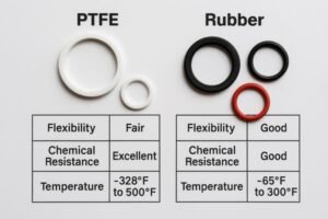 PTFE vs rubber seals comparison chart showing flexibility, chemical resistance, and temperature range with sample seals.