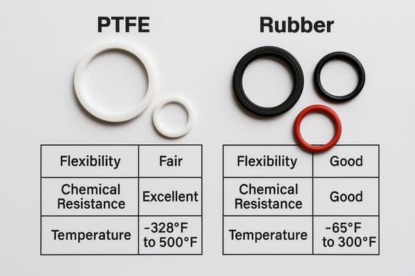 PTFE vs rubber seals comparison chart showing flexibility, chemical resistance, and temperature range with sample seals.