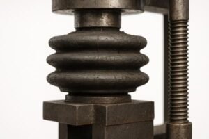 Rubber bellow under compression test, visible surface cracks, evaluating durability and lifespan in industrial equipment application.