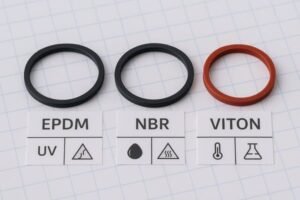 Vent systems Rubber gasket comparison, EPDM NBR and Viton O-rings side by side on grid paper, labeled with UV, oil, heat and chemical resistance icons.