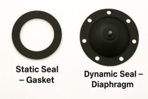 Rubber seal comparison, static gasket and dynamic diaphragm shown side by side, labeled for sealing applications on white background.