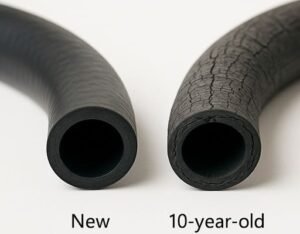 Rubber hose aging comparison, close-up of new vs 10-year-old black rubber hose ends, showing surface cracking and material degradation over time.