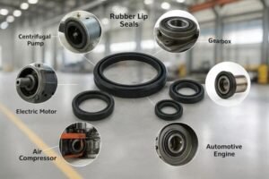 Rubber lip seals with labeled industrial applications, including centrifugal pump, electric motor, air compressor, gearbox, and automotive engine, displayed on factory background.