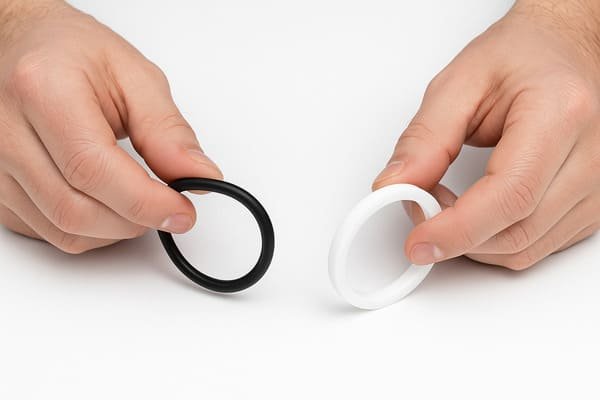 Rubber vs PTFE seals comparison, hands holding flexible black rubber seal and rigid white PTFE seal on white background.