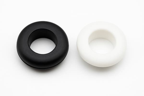 Rubber and plastic grommets, black and white, side-by-side comparison, illustrate material differences for cable protection in electrical panels.