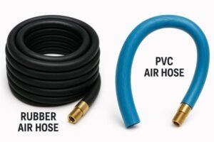 Rubber vs PVC air hose flexibility test, coiled black rubber air hose and bent blue PVC hose with brass fittings, labeled comparison on white background.