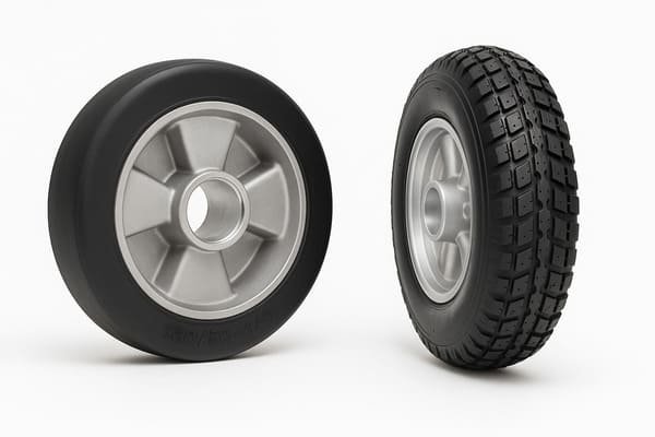 Solid vs pneumatic wheel comparison, black rubber casters with aluminum cores, showcasing tread difference for industrial cart applications.