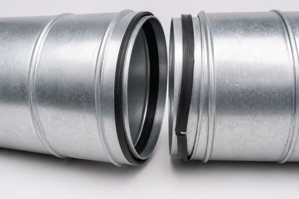 Spiral duct gasket failure, black EPDM seal misaligned between galvanized duct fittings causing air leakage risk.
