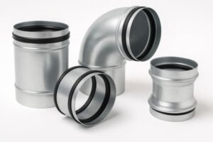 Spiral duct fittings with EPDM gaskets, various galvanized steel pipe connectors including elbow and coupler, shown on white background for HVAC sealing.