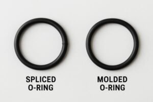 Comparison of spliced and molded O-rings, black rubber rings shown side by side on white background, highlighting visible joint line on spliced version.