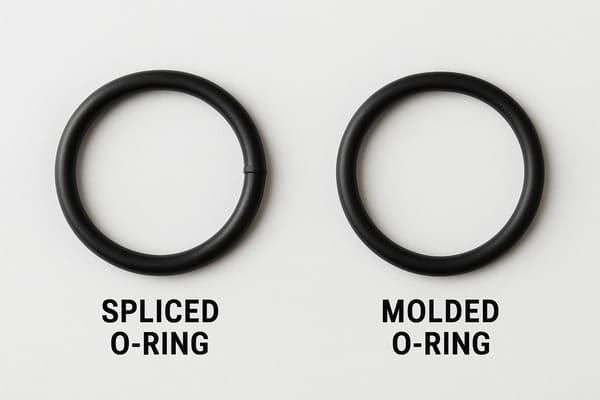 Comparison of spliced and molded O-rings, black rubber rings shown side by side on white background, highlighting visible joint line on spliced version.