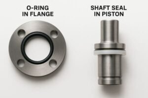 Static vs dynamic seal comparison, showing O-ring in metal flange and shaft seal in piston, illustrating sealing function in industrial assemblies.