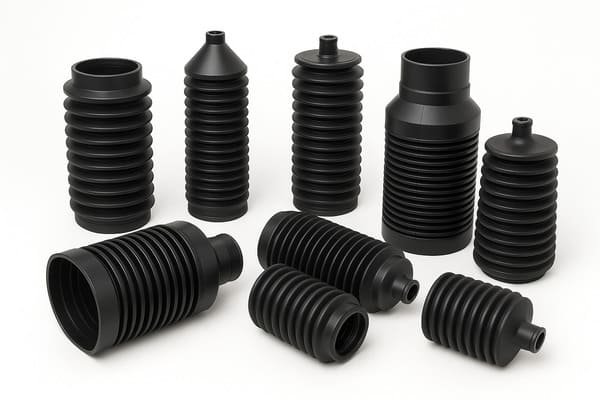 Telescopic rubber bellows, multiple sizes, black flexible design for machinery protection, dust and debris shielding, industrial automation equipment.