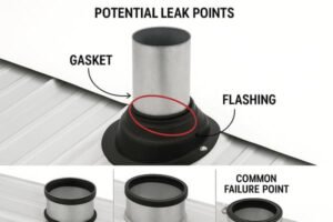 Vent pipe gasket leak diagram, showing flashing and gasket interface with labeled potential failure points on metal roof installation.