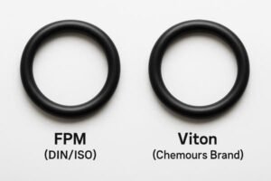 FPM vs Viton seals, two identical black rubber seals labeled DIN/ISO and Chemours brand, side-by-side comparison on white background.