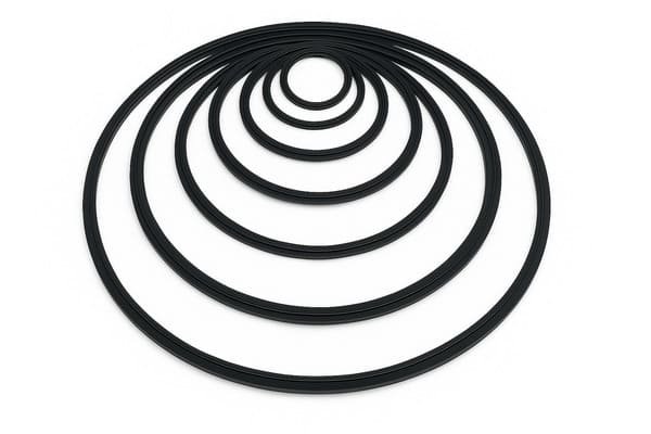 Viton gaskets for chemical vent systems, multiple black rubber seals in concentric sizes, arranged on white background for high-temperature applications.