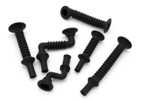 Automotive wire harness grommets, black corrugated rubber, flexible conduit design, protect cables, prevent abrasion and dust in vehicle doors.