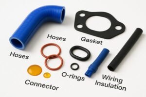 Automotive silicone rubber uses, blue hose, gasket, O-rings, wiring insulation, connector, multi-part engine sealing solutions.