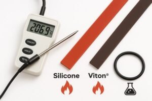 Silicone and Viton rubber strips, digital thermometer showing 206.9°C, high-temperature performance test, fire and chemical icons.