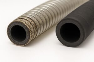 Composite hose vs rubber hose comparison, left with metal spiral and braided reinforcement, right with solid rubber construction, cross-section showing inner wall details.