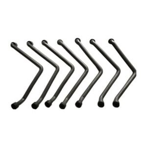 Custom molded rubber hoses, multiple long Z-shaped EPDM hoses arranged in row, black automotive-grade coolant pipes with flared ends on white background.