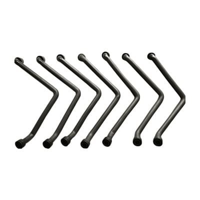 Custom molded rubber hoses, multiple long Z-shaped EPDM hoses arranged in row, black automotive-grade coolant pipes with flared ends on white background.