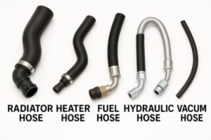 Automotive hose types, including radiator hose, heater hose, fuel hose, hydraulic hose, and vacuum hose, each labeled and arranged in a row on white background, EPDM rubber and metal fittings.