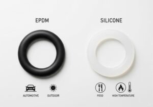 EPDM vs silicone O-rings, automotive and outdoor use for EPDM, food and high temperature applications for silicone, side-by-side display.