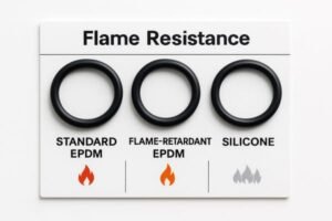 Flame resistance comparison, standard EPDM, flame-retardant EPDM, and silicone O-rings, black rubber samples, fire resistance rating chart.